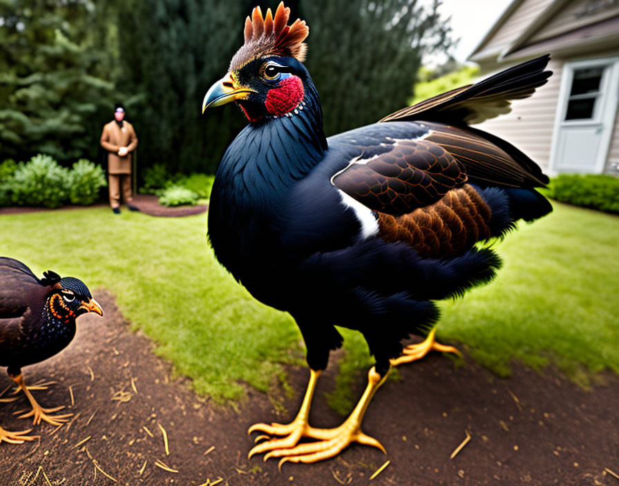 Person observes colorful birds in the background