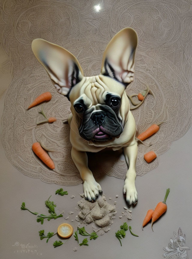 Adorable French Bulldog with large ears surrounded by vegetables and lemon slice