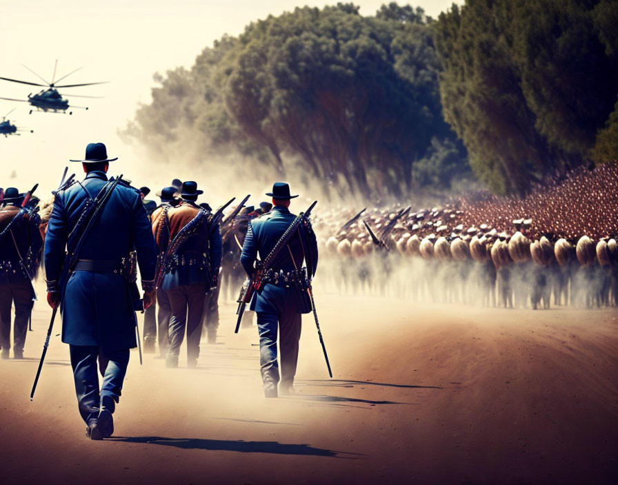 Historical soldiers in uniform march with helicopters in background