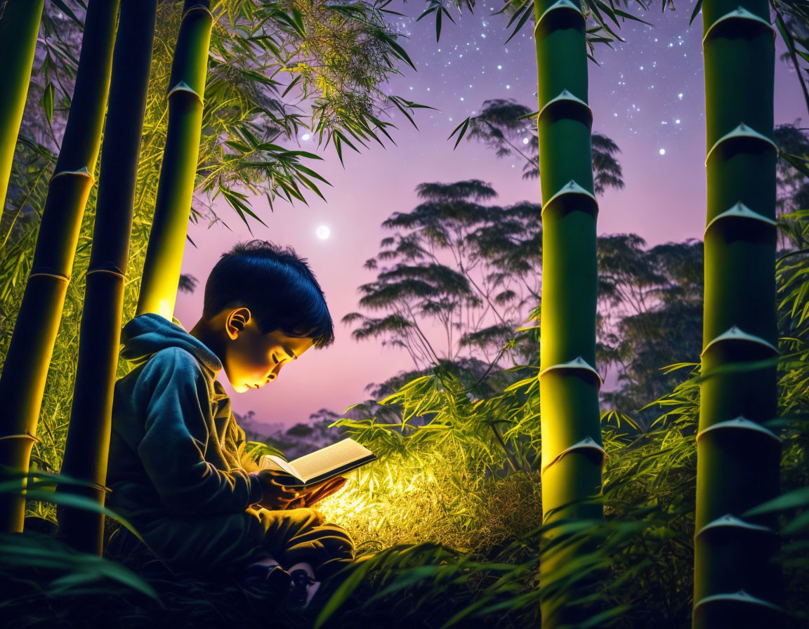 Child reading book in bamboo forest under starry night sky