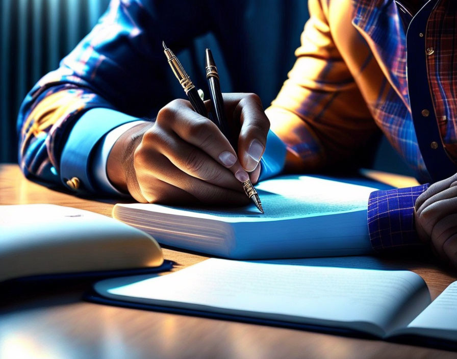 Person in Checkered Shirt Writing in Notebook with Pen and Laptop in Warm Light