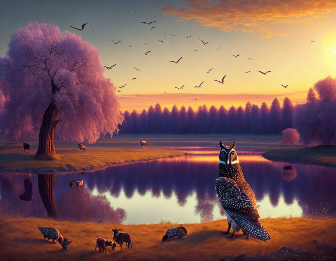 Majestic owl by serene lake at sunset with birds, trees, and grazing animals