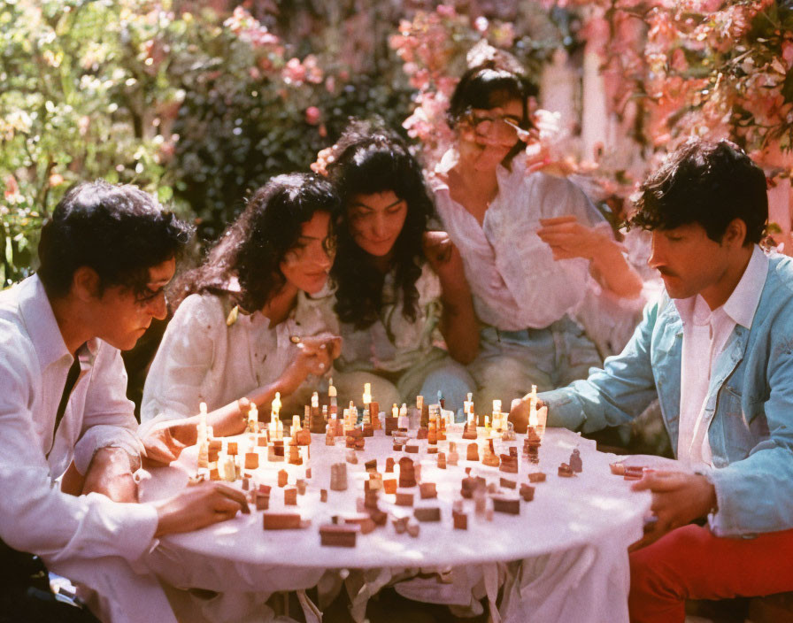 Four Individuals Playing Chess Outdoors Among Pink Blossoms