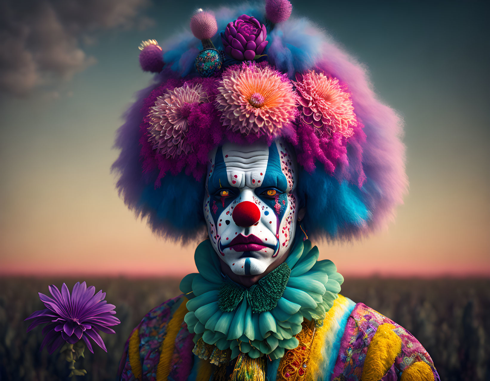 Colorful Clown in Vibrant Outfit Against Sunset Sky