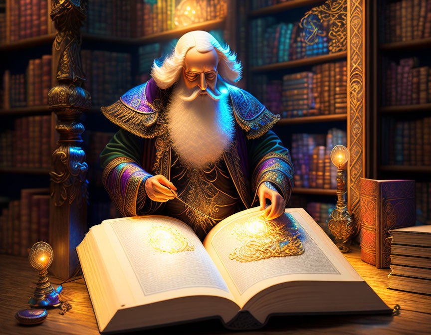 Animated wizard studying magical book in candlelit library