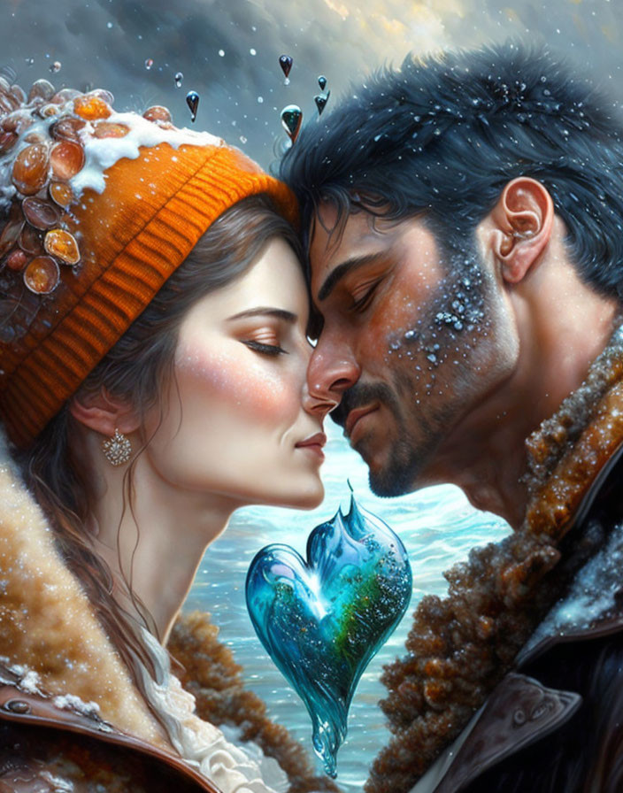 Digital painting of couple near kiss with heart bubble in snowy scene