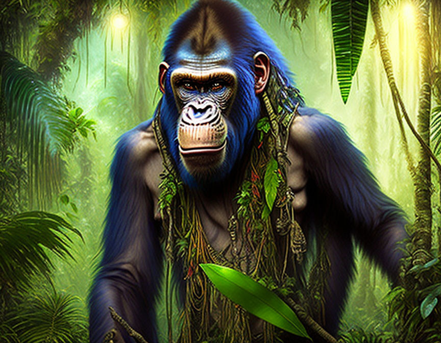 Digital Artwork: Gorilla with Human-like Features in Jungle Setting