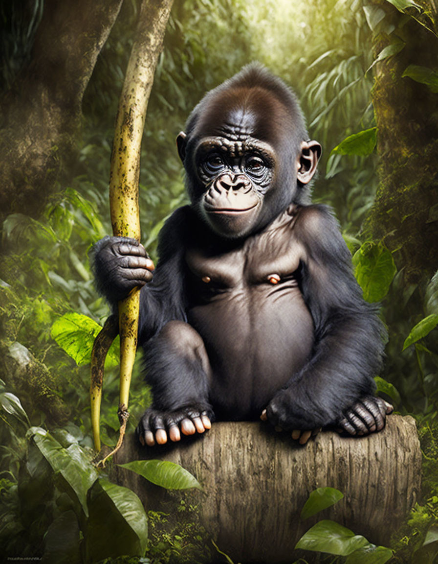 Baby Gorilla Sitting on Log in Jungle with Curious Expression