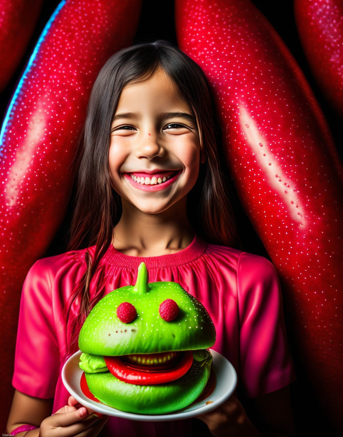 Young girl with frog-shaped dessert in pink shirt on red backdrop