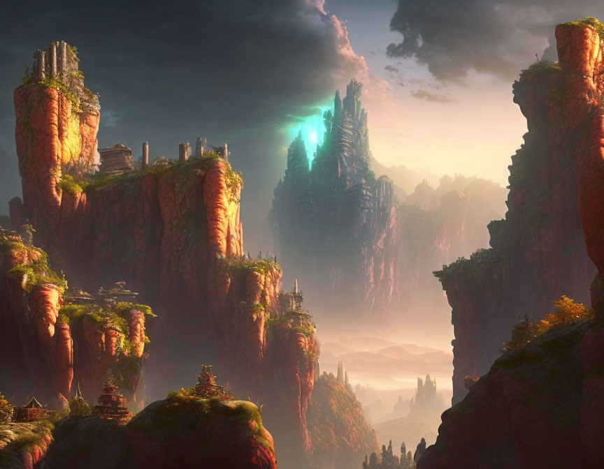 Fantasy landscape with towering rock pillars and mystical sky