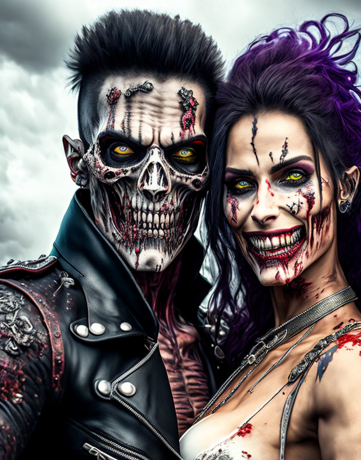 Two people in skull-themed face paint showcasing gothic horror style.