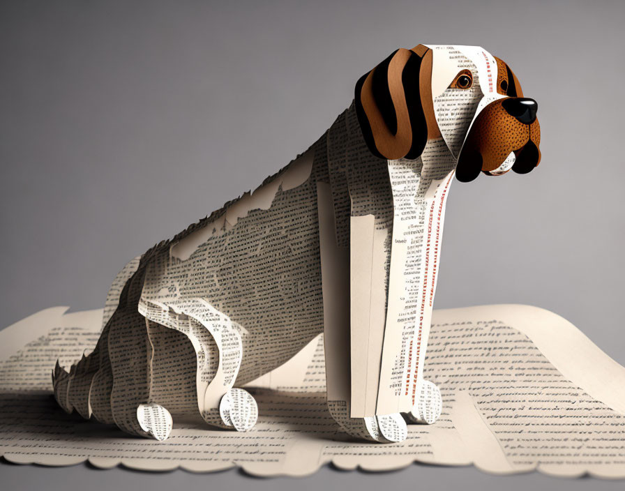 Paper Art Sculpture: Beagle Dog on Book Pages with Grey Background