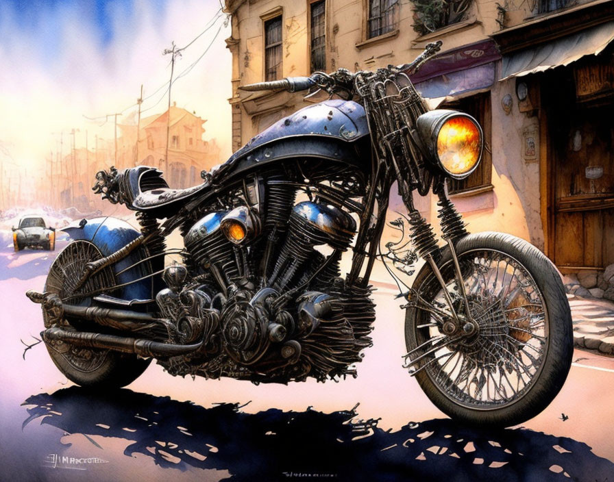 Detailed Illustration: Classic Motorcycle on Deserted Street with Vintage Buildings