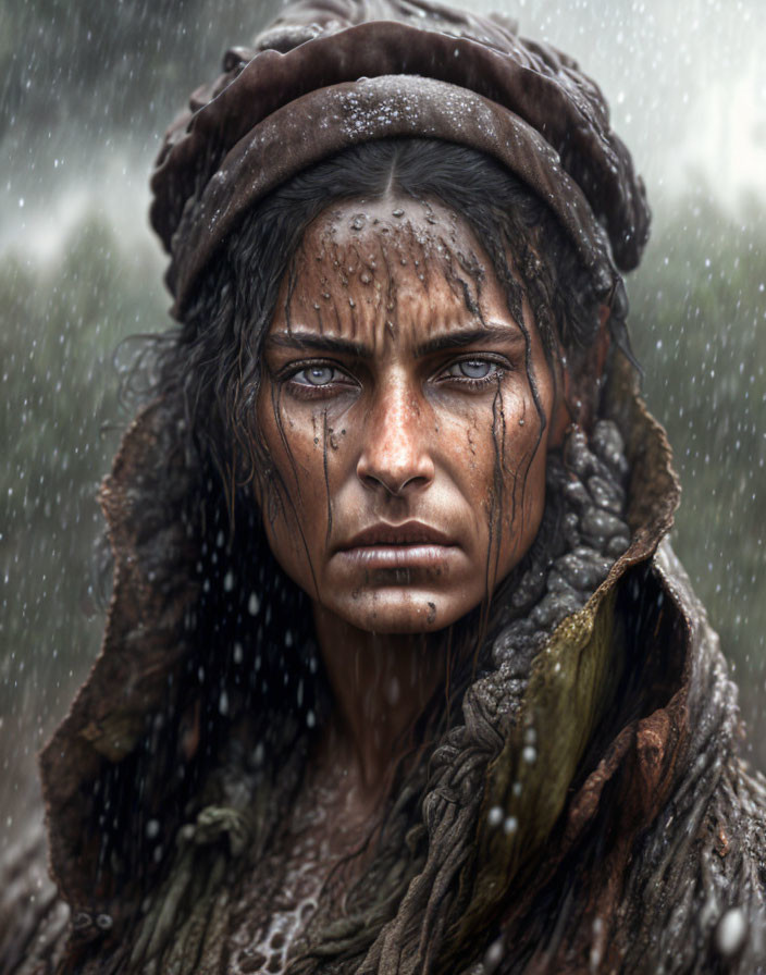 Close-up portrait of a woman with raindrops, tribal paint, hood, and earth-toned clothing