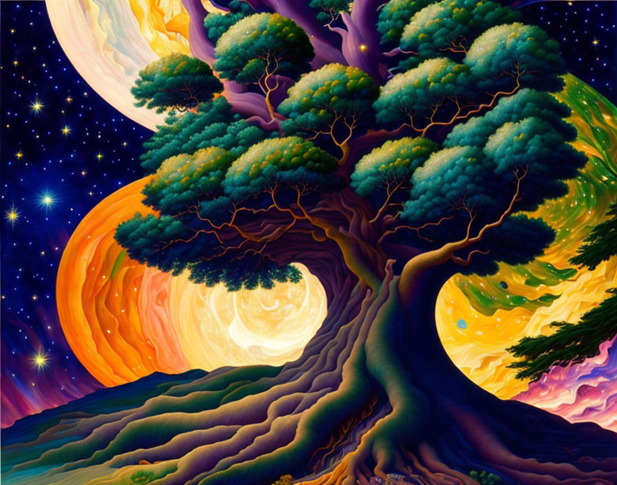 Colorful Tree Artwork with Starry Sky and Celestial Bodies