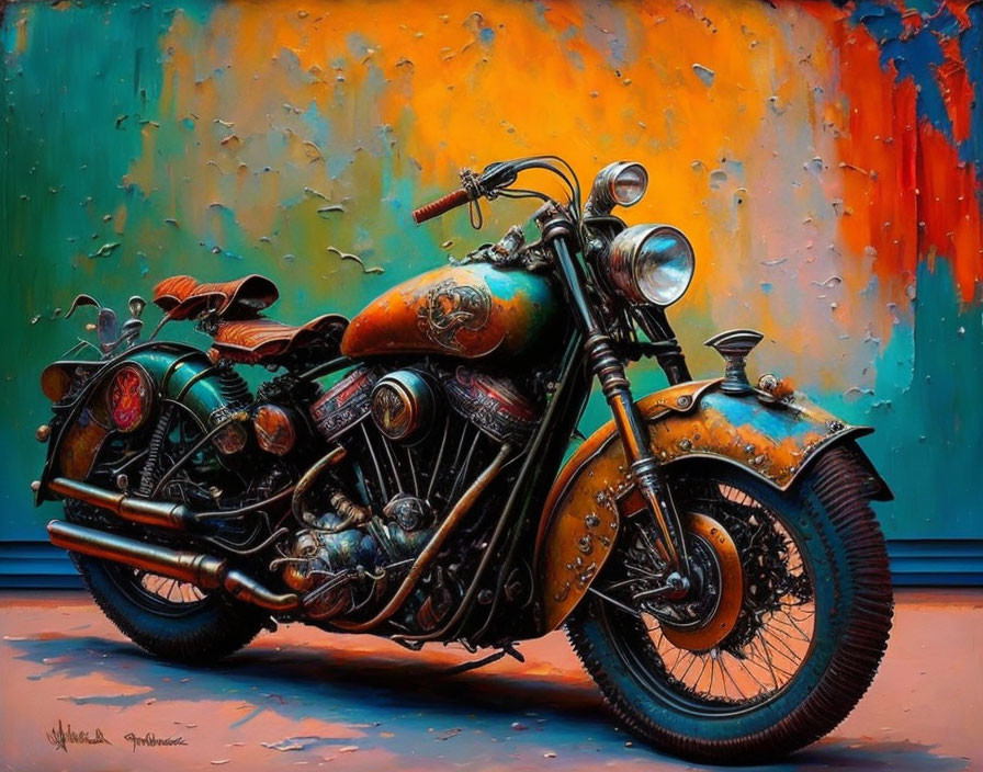 Weathered classic motorcycle against vibrant abstract background in orange, blue, and green.