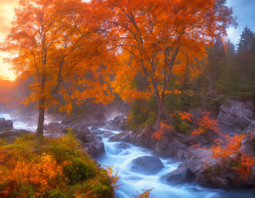 Scenic autumn landscape with colorful foliage by misty river at sunrise