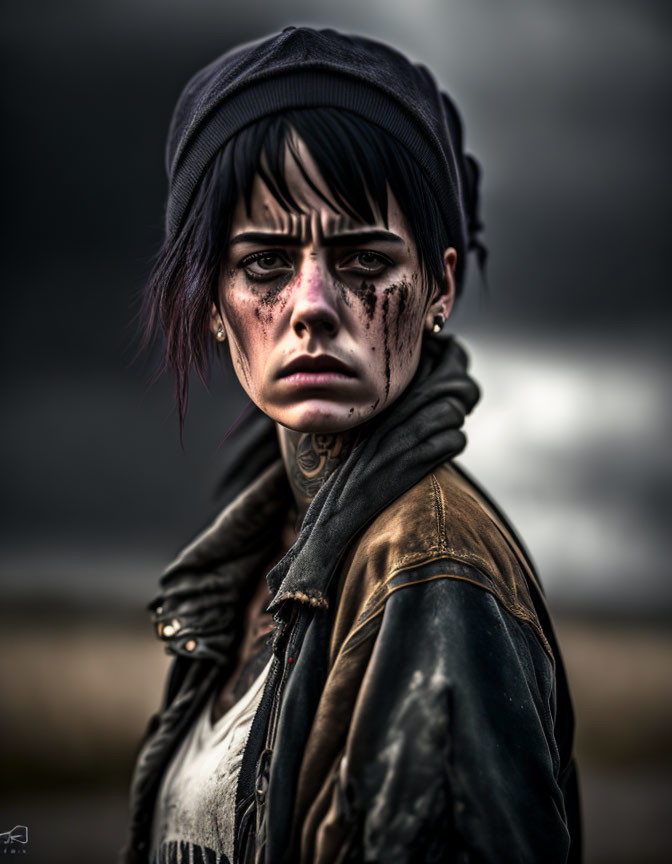 Person with dark eye makeup in beanie and leather jacket gazes at camera in cloudy setting