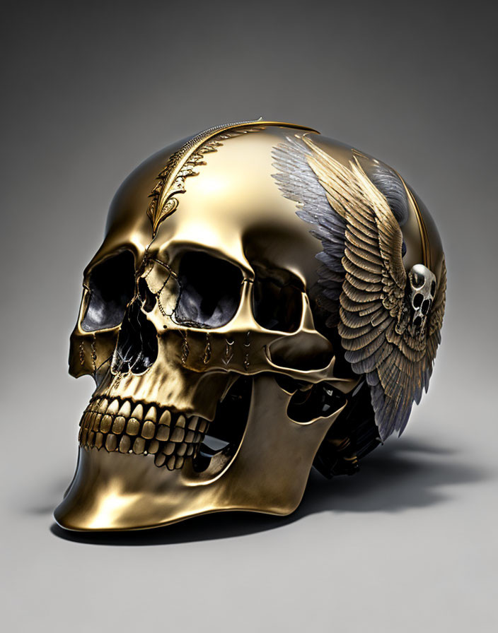 Intricate Golden Skull with Winged Helmet and Chain Details