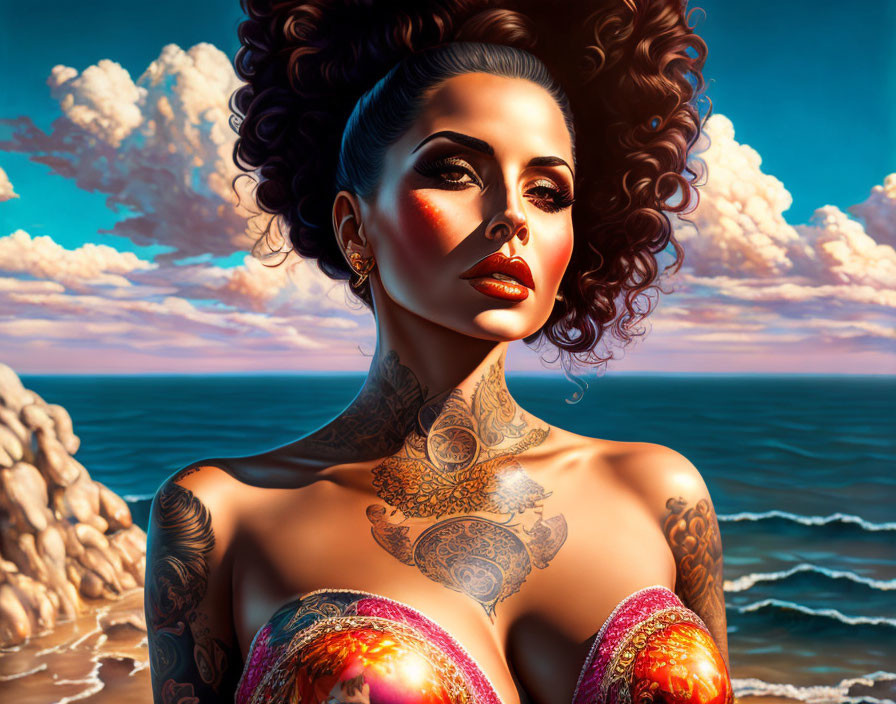 Woman with tattoos, voluminous hair, and makeup gazing at sea and sunset.