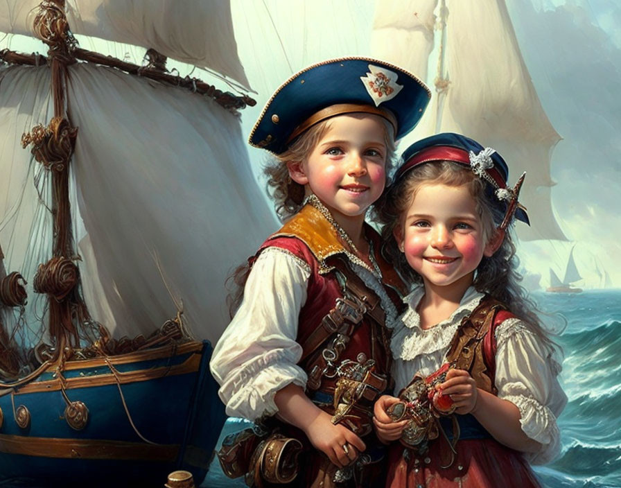 Children in pirate costumes with ship backdrop on sunny day