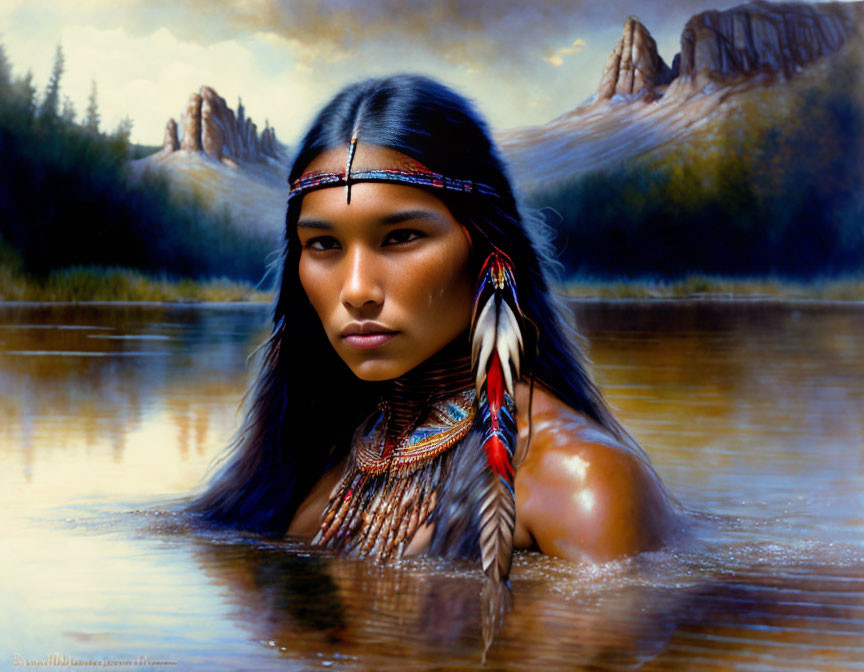 Traditional Native American woman painting in water with mountain backdrop