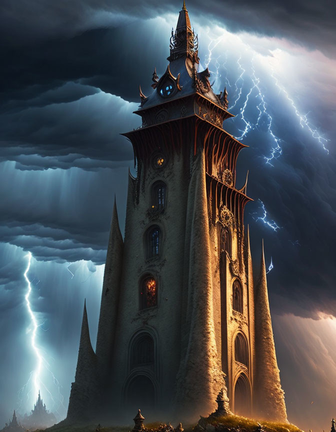 Eerie gothic tower under tumultuous sky with lightning strikes