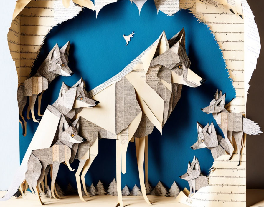 Paper Art Display of Wolves in Various Sizes Against Blue Background