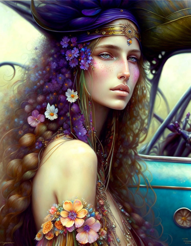 Fantastical portrait of woman with braided hair, flowers, large hat, jewelry