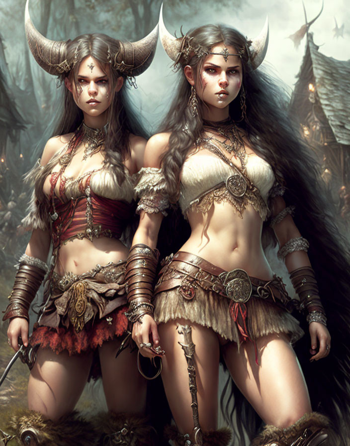 Warrior women in fantasy armor with large horns ready for battle