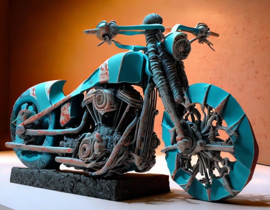 Turquoise and Black Stylized Motorcycle Sculpture on Brown Background