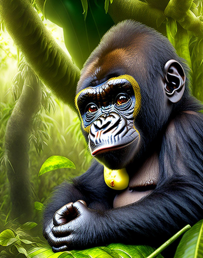 Young gorilla with blue facial features holding a yellow fruit in jungle setting