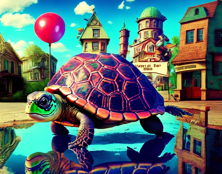 Colorful Digital Artwork: Turtle with Shiny Shell and Pink Balloon in Whimsical Town