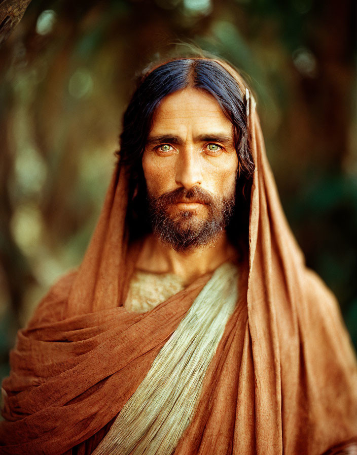 Man with Beard in Orange and Cream Robes Against Natural Backdrop