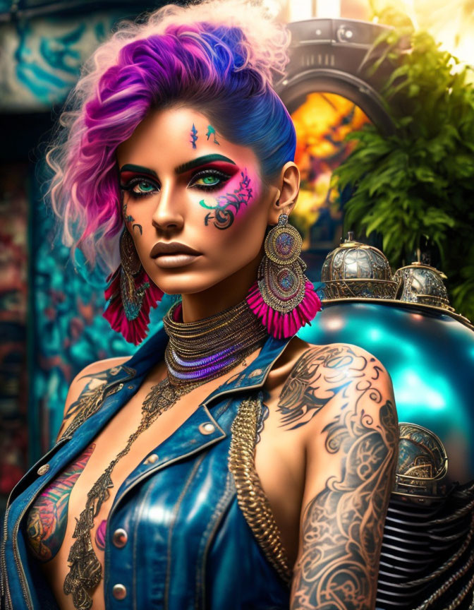 Vibrant purple hair and artistic makeup on stylish person against bohemian backdrop