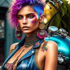 Vibrant purple hair and artistic makeup on stylish person against bohemian backdrop