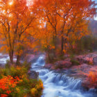 Scenic autumn landscape with colorful foliage by misty river at sunrise