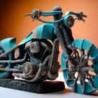 Turquoise and Black Stylized Motorcycle Sculpture on Brown Background