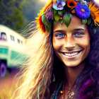 Colorful woman with flower face paint and headscarf in front of retro van and forest.