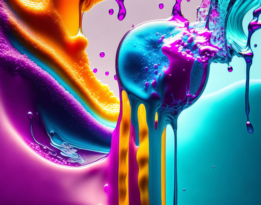 Colorful liquid art: purple, orange, teal paints drip on glossy surface