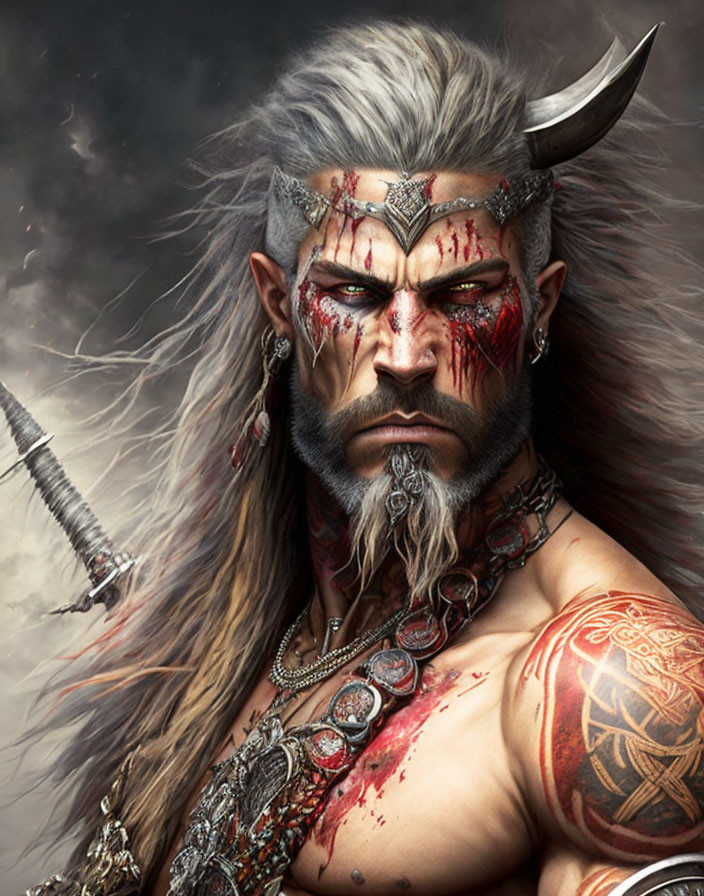 Fantasy warrior with horned helmet, white hair, red warpaint, braided beard.