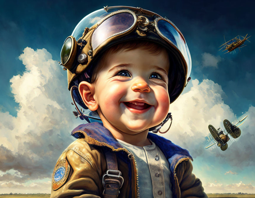 Baby in vintage pilot attire with planes and sunny sky