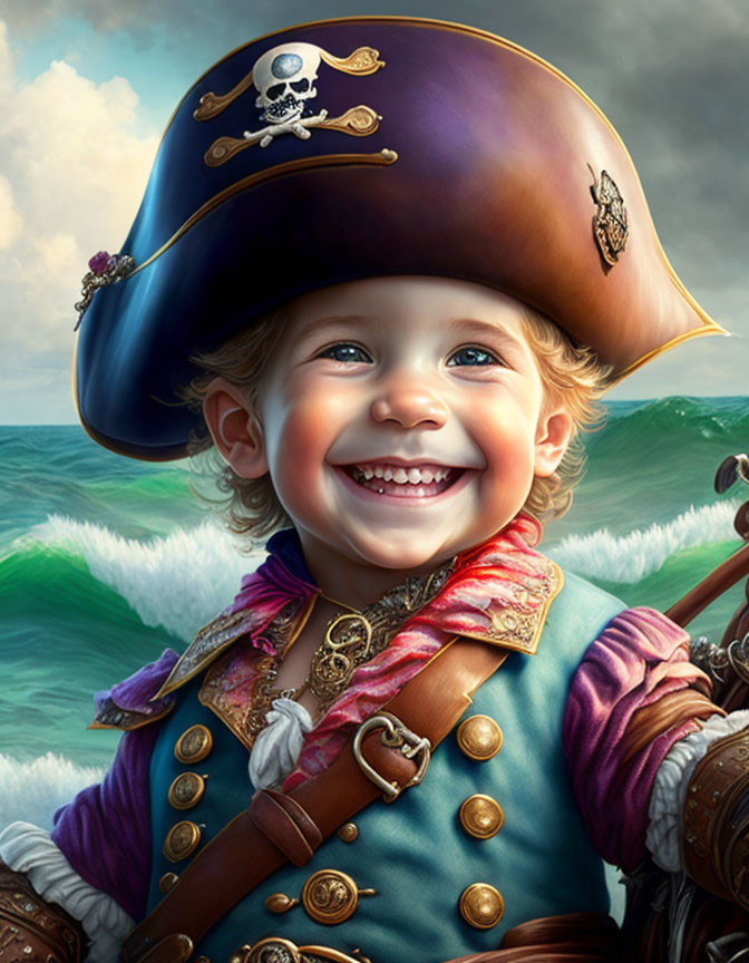 Child in elaborate pirate costume on ship with ocean background