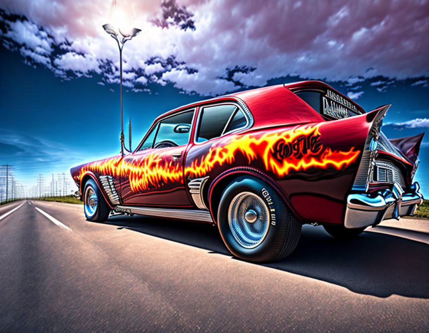 Red classic car with fiery flame decals parked on empty road under blue sky