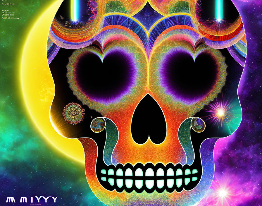 Colorful Stylized Skull Artwork with Heart-shaped Eyes and Crescent Moon