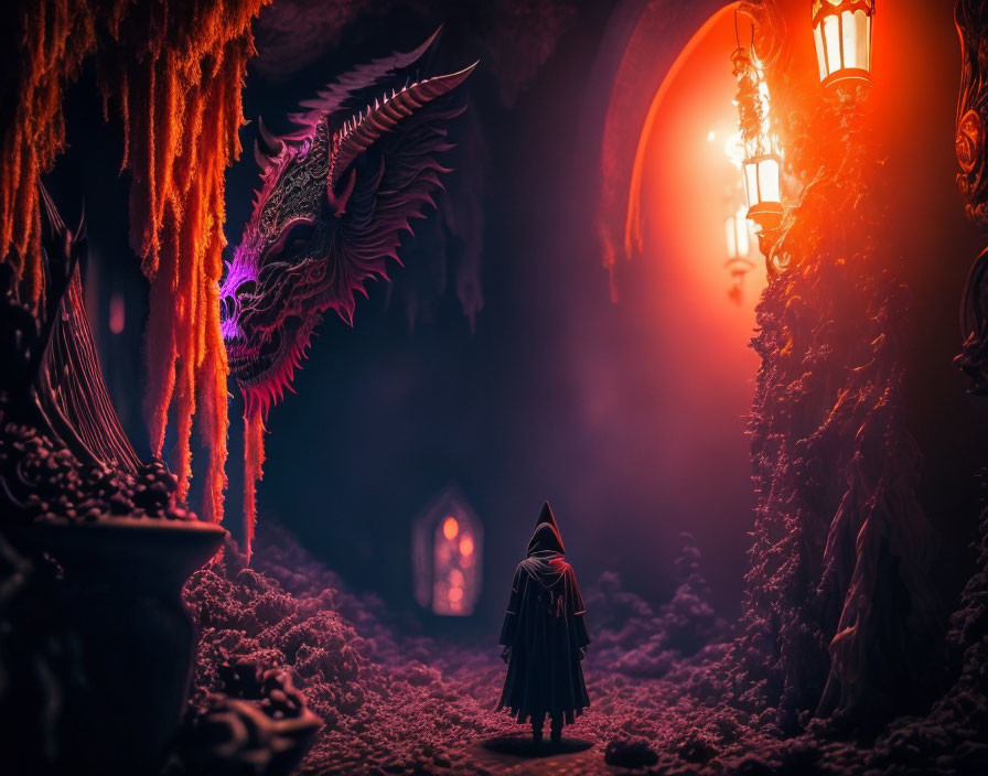 Cloaked Figure Confronts Dragon in Moody Fantasy Setting