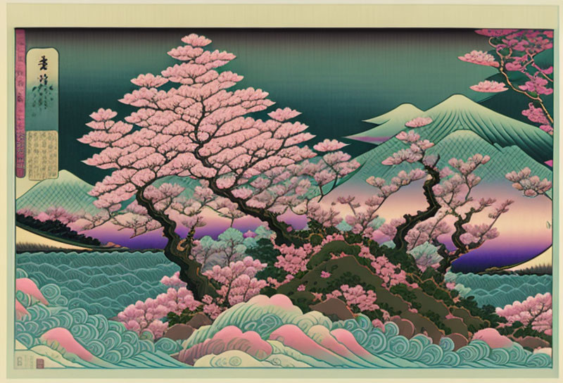 Japanese Art Print: Cherry Blossoms, Mountain Landscape & Waves