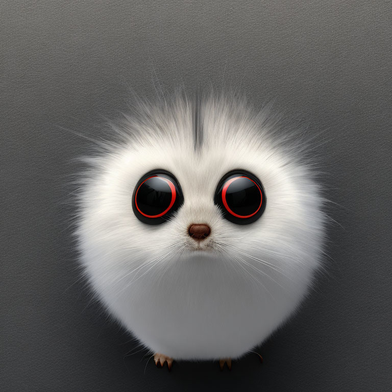 Small fluffy white creature with black eyes and red irises on gray background