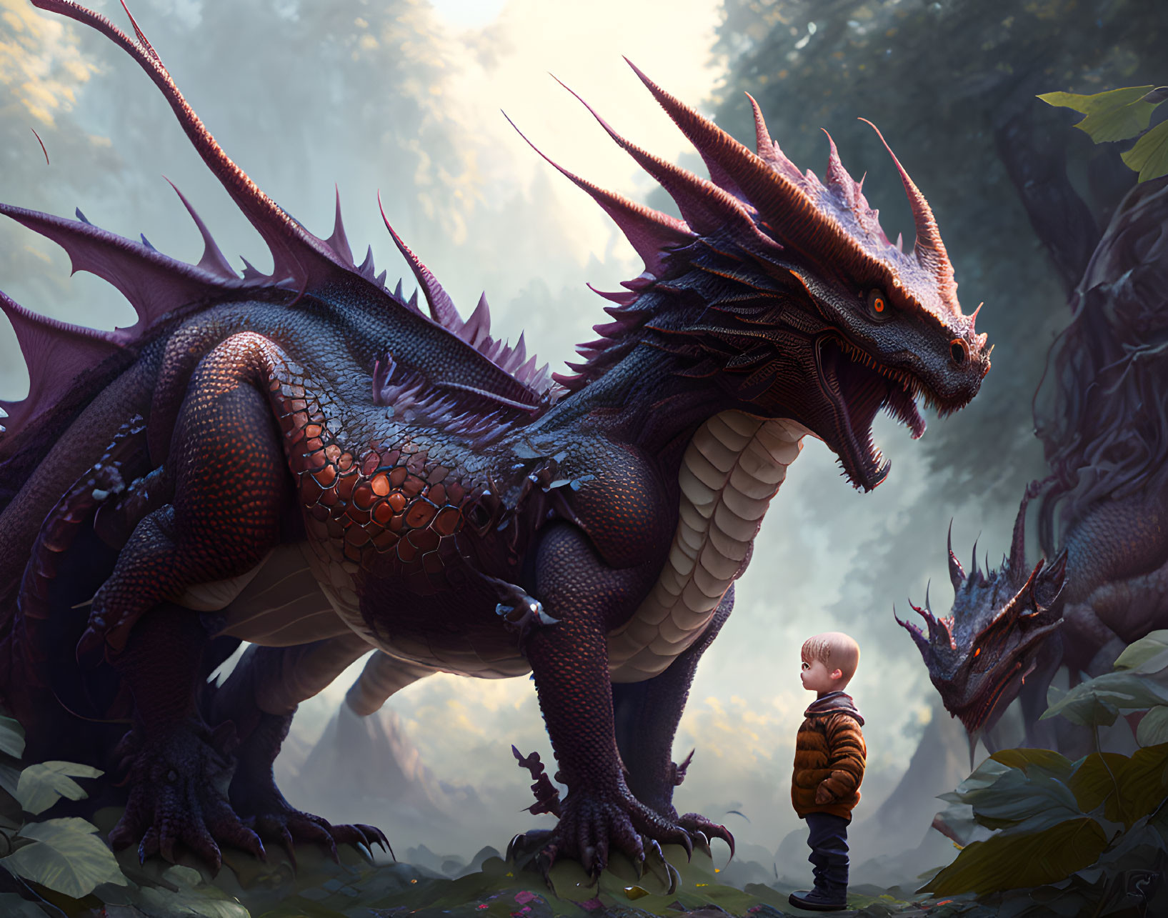 Young boy in jacket faces detailed dragon in misty forest with smaller dragons.