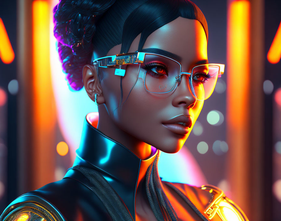 Digital artwork of woman with glowing glasses, futuristic outfit, and neon-lit backdrop